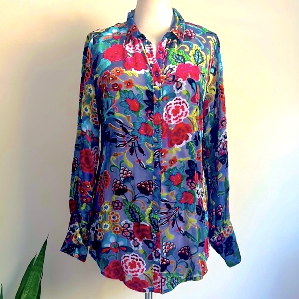 Johnny Was Vibrant Multicolor Floral Shirt